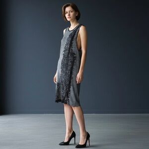 Black/Gray Fishnet Knit Sleeveless Dress w Drop Armholes EU 44